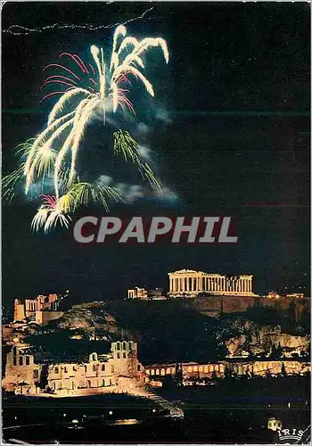 Moderne Karte Athenes L'Acropole Illuminee Feu d'artifice