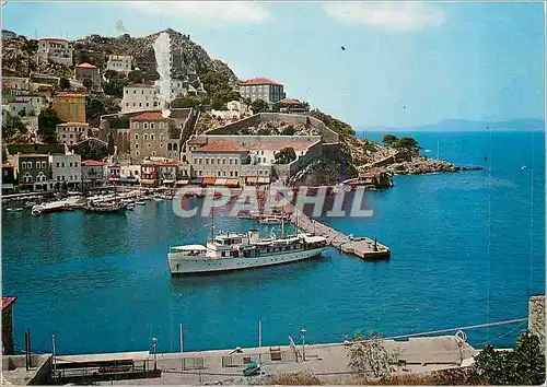 Moderne Karte Grece Ile d'Hydra Vue Partielle de la Ville et du Port Bateau