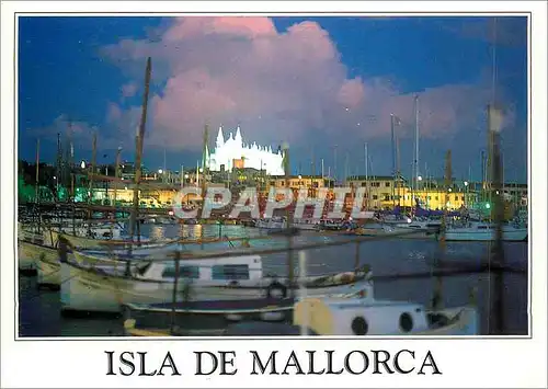 Moderne Karte Mallorca Palma de Mallorca Vista Nocturna del Puerto Pesquero y Catedral Bateaux