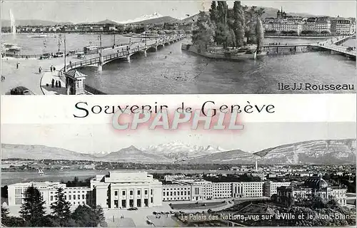 Moderne Karte Souvenir de Geneve Ile JJ Rousseau Le palais des Nations vue sur la ville et le Mont Blanc