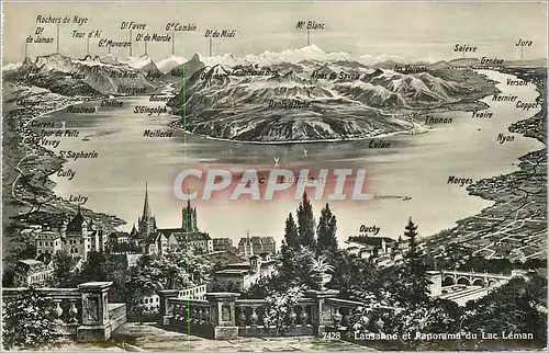 Moderne Karte Lausanne et Panorama du Lac Leman