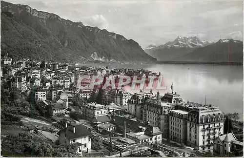 Moderne Karte Montreux Vue Generale et les Dents du Midi