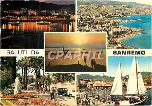 Moderne Karte Saluti da Sanremo Panorama Bateaux