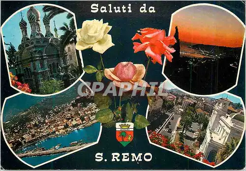 Moderne Karte Saluti da Sanremo Chiesa Russa Scorio Panoramico Veduta aerea Panorama e Casino