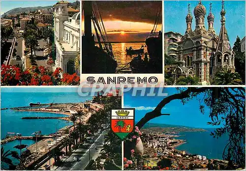 Moderne Karte Sanremo Panorama e Casino Alba Chiesa Russa Corso Imperatrice e Spiaggia Panorama Russie Russia