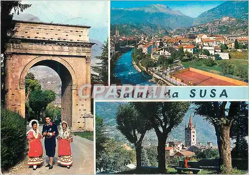 Cartes postales moderne Susa Piemonte Pittoresco Gruppo Folkloristico Panorama con la Dora Riparia Millenazio Campanile