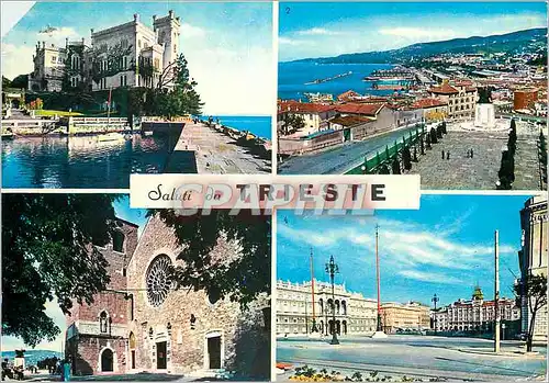 Cartes postales moderne Saluti da Trieste Cattedrale di S Glusto Panorama con Monumento al Caduti Piazza dell'Unita d'It