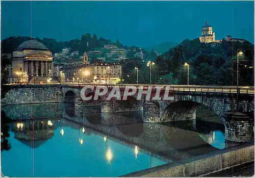 Moderne Karte Turin la Nuit L'Eglise de la Gran Madre di Dio le Mont des Capucins et le Fleuve