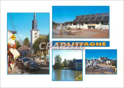 Cartes postales moderne Champagne (Sarthe) L'Eglise La Mairie Le Gymnase Les Bords de L'Huisne (Vieux Moulin)