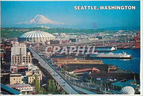 Moderne Karte The Seattle Washington Waterfront with the King Dome and the Alaskan Way Viaduct Snow Covered Ba