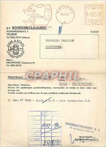 Carte Veurne Duinkerstraat Noodermetaalhandel Demande de Prix Ijzer & Staal 1961