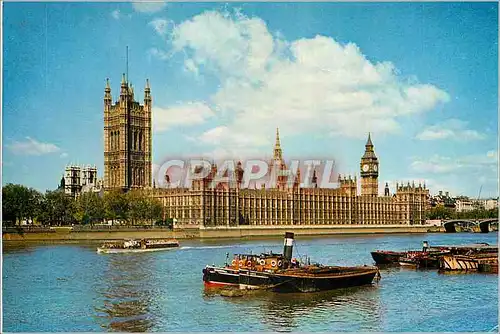 Moderne Karte The Houses of Parliament London on the bank of the Thames at Westminster Bateaux Peniche