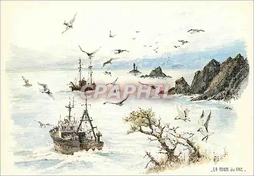 Moderne Karte La Pointe du Raz Aquarelle Originale de Robert Lepine Bateau