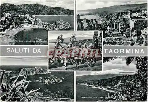 Moderne Karte Taormina Saluti da Taormina Salutations de Taormina Caleche Cheval