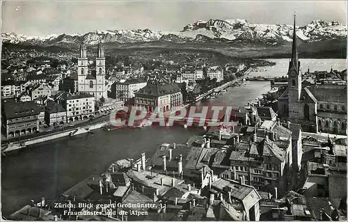 Moderne Karte Zurich Blick Gegen GroBmunster Fraumunster und die Alpen