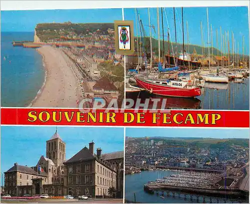 Moderne Karte Souvenir de Fecamp (Seine Maritime) Normandie (France) La Plage Port de Plaisance L'Hotel de Vil