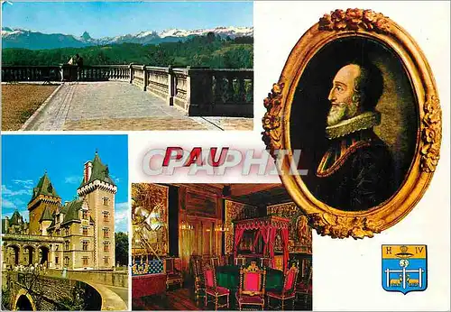 Moderne Karte Pau Le Chaine des Pyrenees vue du Boulevard Entree du Chateau Henry IV Le Chateau Chambre Henry