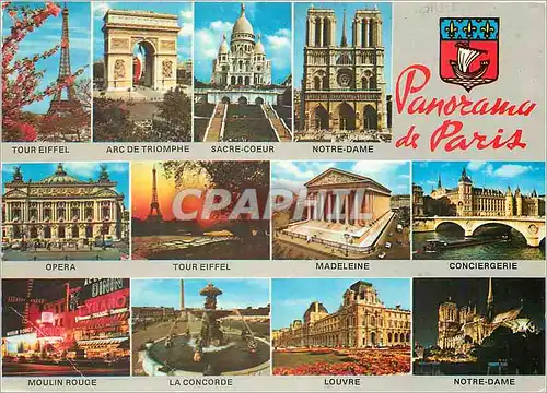 Cartes postales moderne Panorama de Paris Tour Eiffel Arc de tRiomphe Sacre C�ur Notre Dame Opera Madeleine