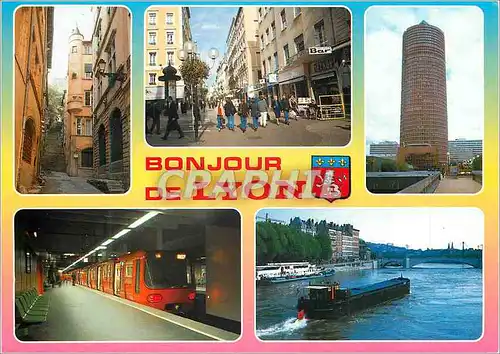 Moderne Karte Bonjour de Lyon Le Vieux Lyon Rue Victor Hugo Tour de la Part Dieu Le Metro La Saone Metro Penic