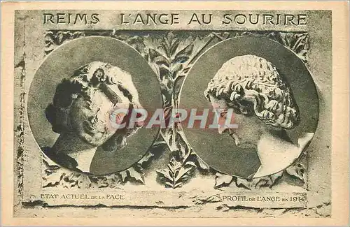Cartes postales Reims L'Ange au Sourire Etat Actuel de la Face Profil de l'Ange en 1914