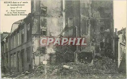 Ansichtskarte AK Reims dans sa Deuxieme annee de Bombardement 1914 1916 Rues Courmeaux et du Petit Arsenal Maison