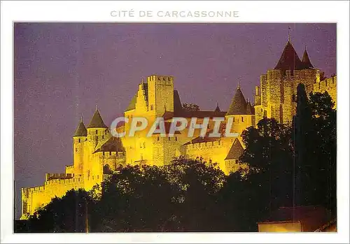 Moderne Karte Cite de Carcassonne (Aude) Vue de Nuit du Flanc Ouest de la Cite Medievale Le Chateau Comtal (du