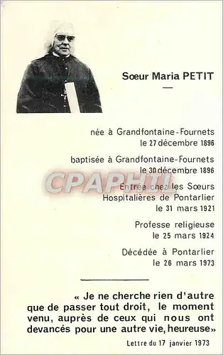 Image  Soeur Maria Petit nee a Grandfontaine Fournets le 27 decembre 1886