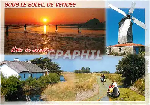 Moderne Karte Sous le Soleil de Vendee (France) un Moulin a Vent une Bourrine Promenade en Yole Barque