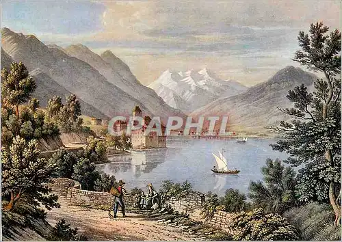 Moderne Karte Le Chateau de Chillon et les Dents du Midi d'apres une Gravure Ancienne du Debut du XIXe siecle