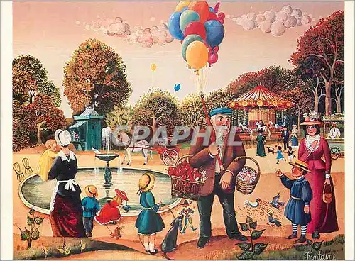 Moderne Karte Peintre Naive de Fontaine Papa Ballon Kiosque Cheval