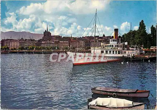 Moderne Karte Geneve Le Debarcadere du Quai du Mont Blanc et la Cathedrale de Saint Pierre Bateau