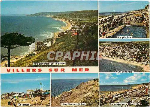 Moderne Karte Villers sur Mer (Calvados) Vue generale de la plage La piscine La plage Les vaches noires Deauvi