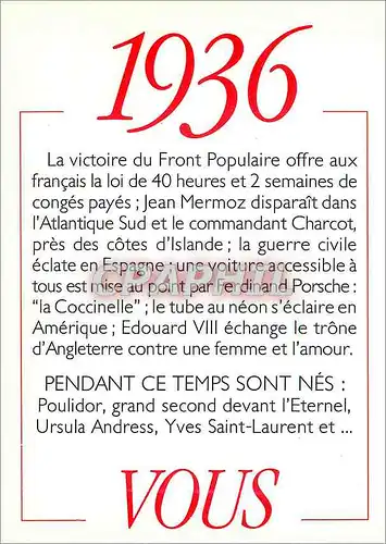 Cartes postales moderne 1936 la Victoire du Front Populaire offre aux Francais le Loi de 40 heures et 2 Semaines de Cong