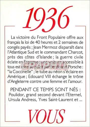 Moderne Karte 1936 la Victoire du Front Populaire offre aux Francais le Loi de 40 heures et 2 Semaines de Cong