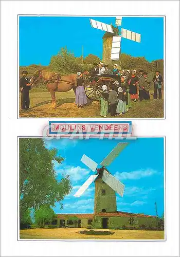 Moderne Karte Moulins Vendeens Moulin a vent Attelage Cheval Folklore