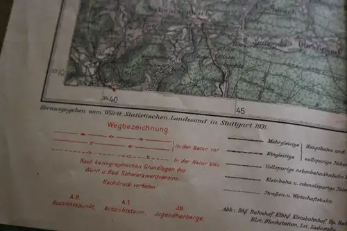 tolle alte Wanderkarte Württemberg Blatt 10 - Sulz Schramberg Tuttlingen 1931