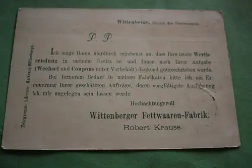 tolle alte Ganzsache von 1895 der Wittenberger Fettwaaren-Fabrik Robert Krause