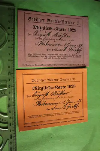 zwei tolle alte Mitgliedskarten - Badischer Bauern-Verein e.V. - 1928 u 29