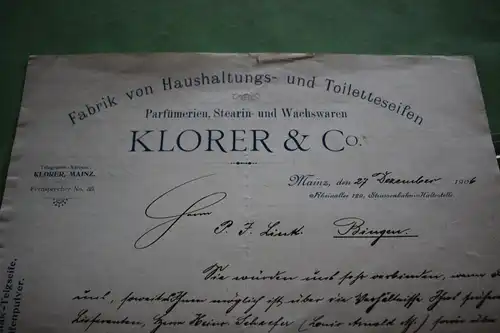 toller alter Brief  der Firma Klorer & Co - Mainz von 1906  signiert Klorer ??