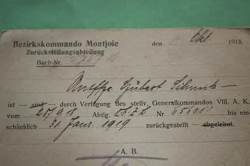 interessante alte Postkarte - Bezirkskommando Montjoie - 1918