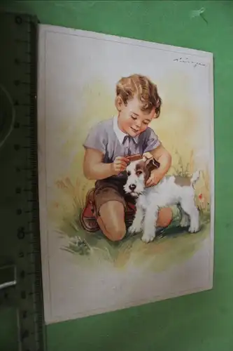 tolle alte Karte Junge kämmt einen Hund - 1949