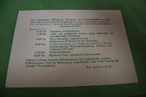 tolle alte Ehrenkarte - Schwabenball 1953 - Innsbruck, Tirol