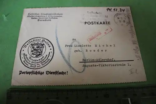 tolle alte Karte  Dienstsache des hessischen Staatsministerium Darmstadt - 1934