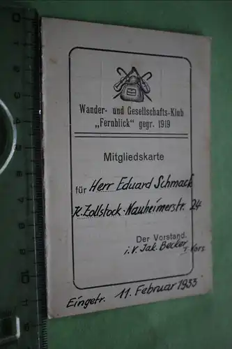 tolle alte Mitgliedskarte - Wander- u. Gesellschafts-Klub Fernblick 1919 