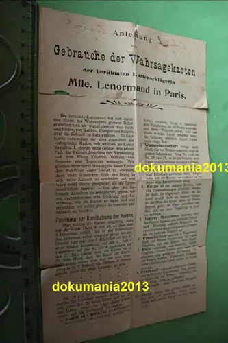 sehr alte Gebrauchsanweisung Wahrsagerkarten  berühmte Mlle. Lenormand Paris