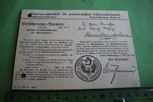 tolle alte Karte der Berufsgenossenschaft für gewerbsm. Fahrzeughaltugen 1933