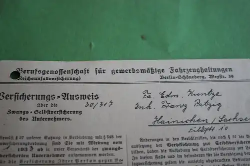 tolle alte Karte der Berufsgenossenschaft für gewerbsm. Fahrzeughaltugen 1933