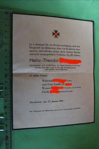 interessante alte Todesanzeige eines Staffelführers eines Zerstörer-Geschwaders 