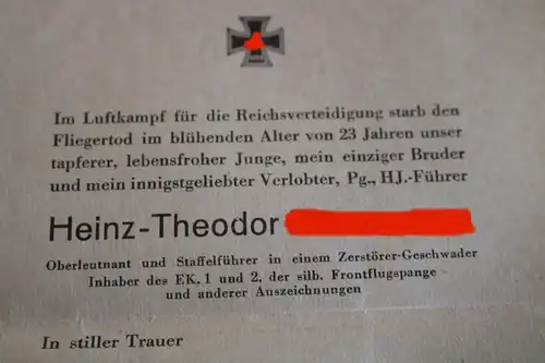 interessante alte Todesanzeige eines Staffelführers eines Zerstörer-Geschwaders