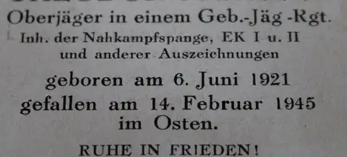 altes Sterbebildchen eines Gebirgsjägers Oberjäger EK I Nahkampfspange gef. 1945